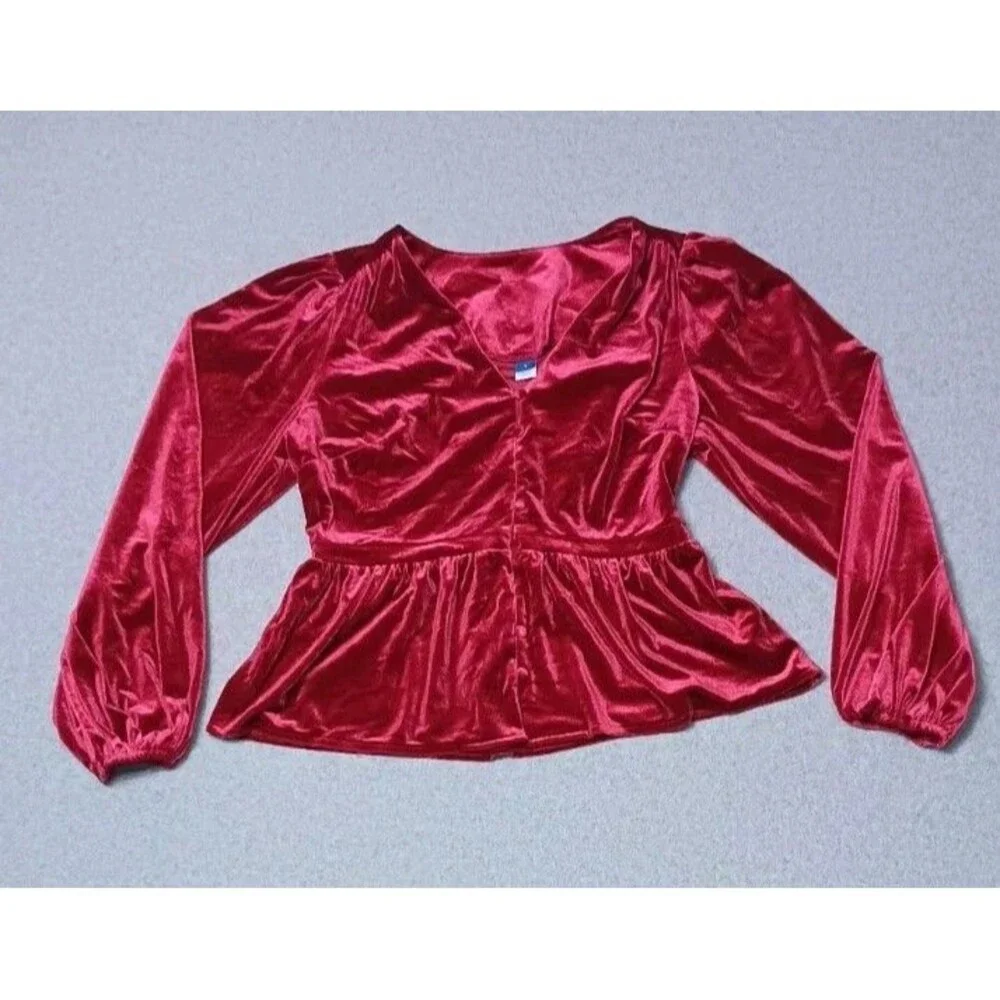 Old Navy Velvet Peplum Waist Defining Blouse Small Deep Red Puff Sleeve Babydoll